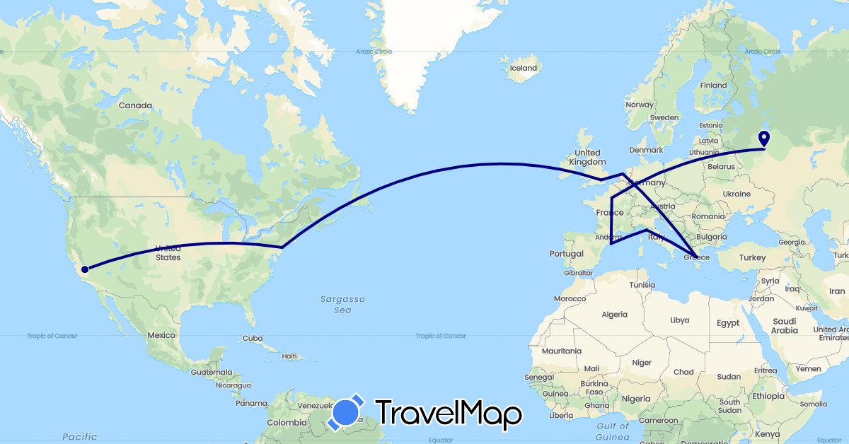 TravelMap itinerary: driving in Germany, Spain, France, United Kingdom, Greece, Italy, Netherlands, Russia, United States (Europe, North America)